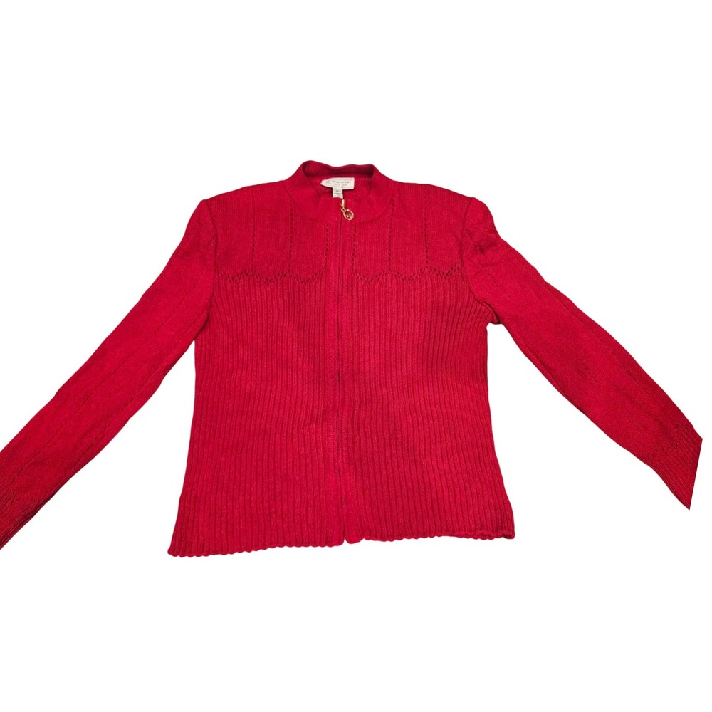 St. John Sport Cardigan Womens Medium Red Excellent Wool Blend Zip Up Mock Neck